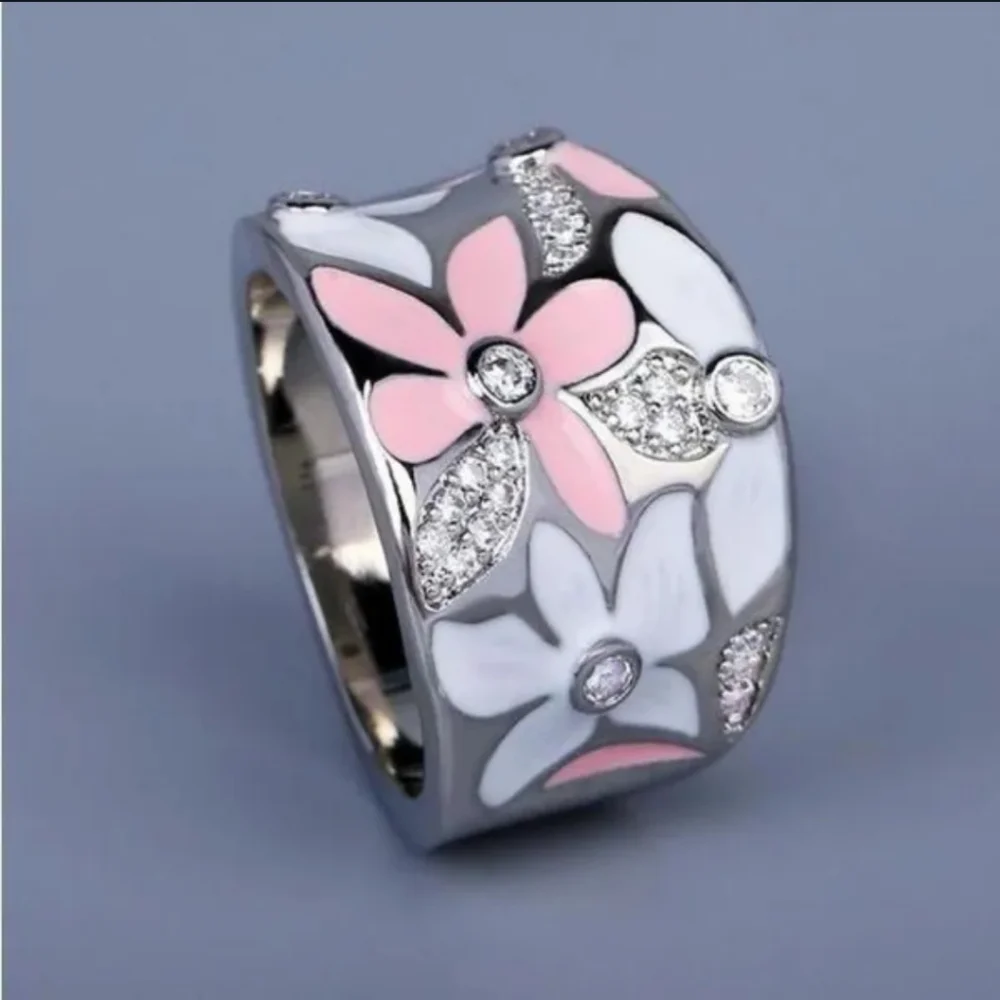 NWT Floral Silver and Pink Enamel Ring - Picture 3 of 3